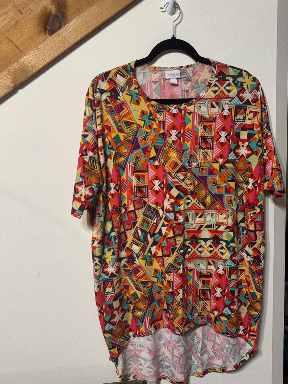 LuLaRoe Irma Women's Tunic - Red, Orange, Yellow, Green, Blue Geometric Print